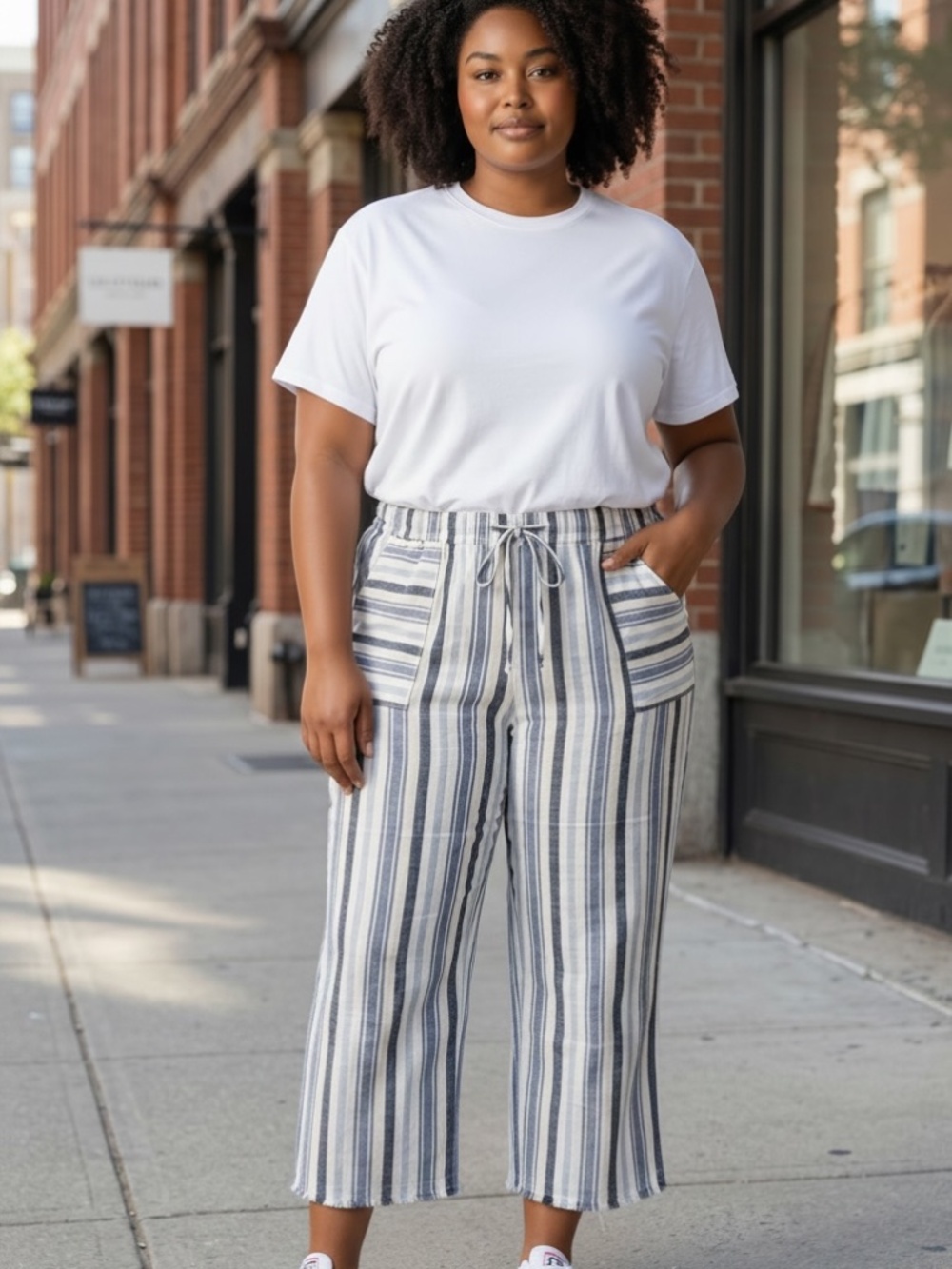 Westbound Woman Striped Linen Blend Crop Pants , BLue &White ,High Rise | 2X